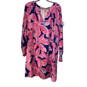 NWT Lilly Pulitzer Women's Pink/Navy Floral Print Long Sleeved V-neck Dress XL